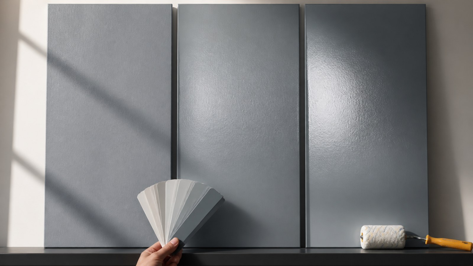 Échantillons de peintures mate, velours et satinée dans un intérieur