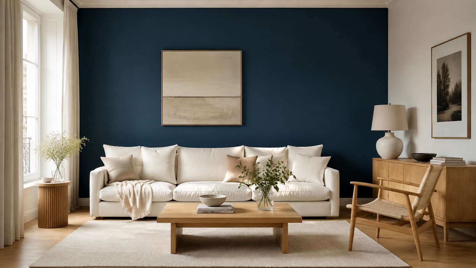 Salon lumineux avec un mur d’accent bleu pétrole, un canapé écru et du mobilier en bois clair