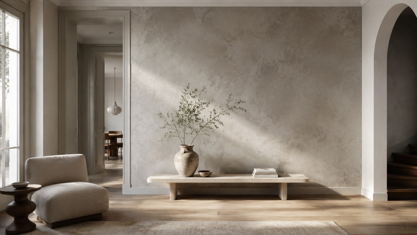 Salon épuré avec un grand mur à effet minéral beige nuancé par la lumière naturelle