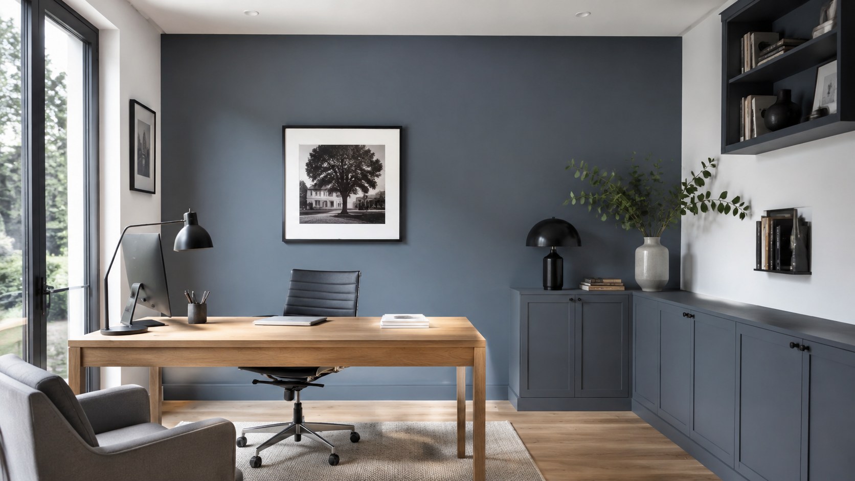 Bureau contemporain avec un mur gris bleu, des éléments blancs et un grand bureau en bois clair