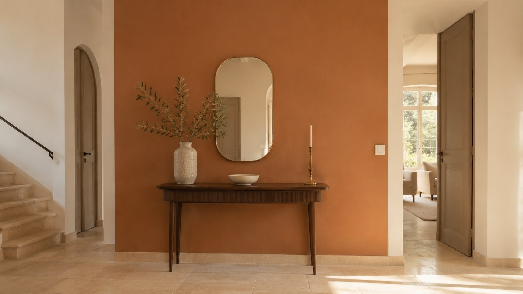 Entrée baignée de lumière avec un mur terracotta, des murs blanc cassé et une console en bois