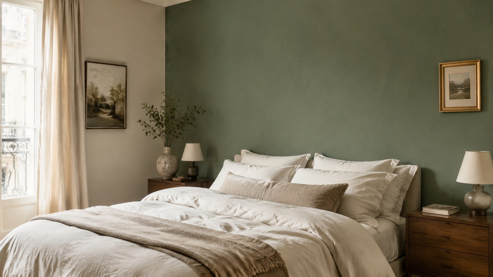 Chambre lumineuse avec un mur vert sauge, du linge de lit écru et du mobilier en bois foncé