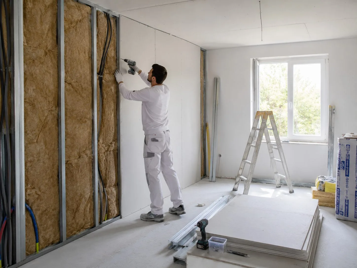 Pose de panneaux isolants sur un mur avant la finition enduit et peinture